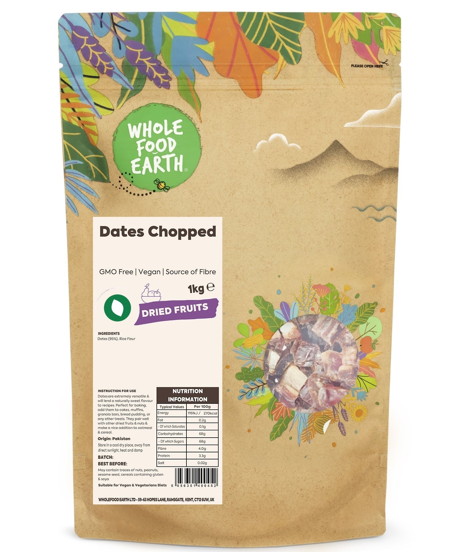 Chopped dried dates from Whole Food Earth, GMO-free and vegan-friendly, shown in a close-up image.