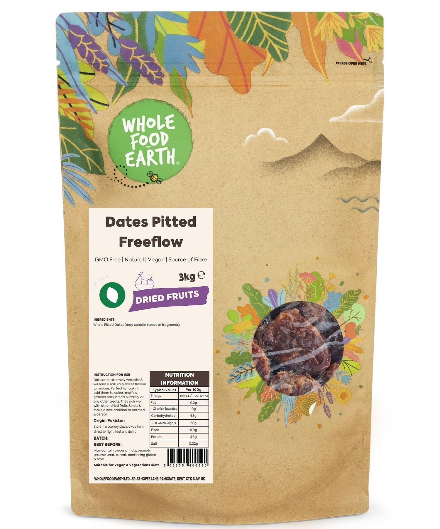 Pitted dates from Whole Food Earth, dried fruit, GMO-free, showing glossy, dark brown pitted dates in a clear container.