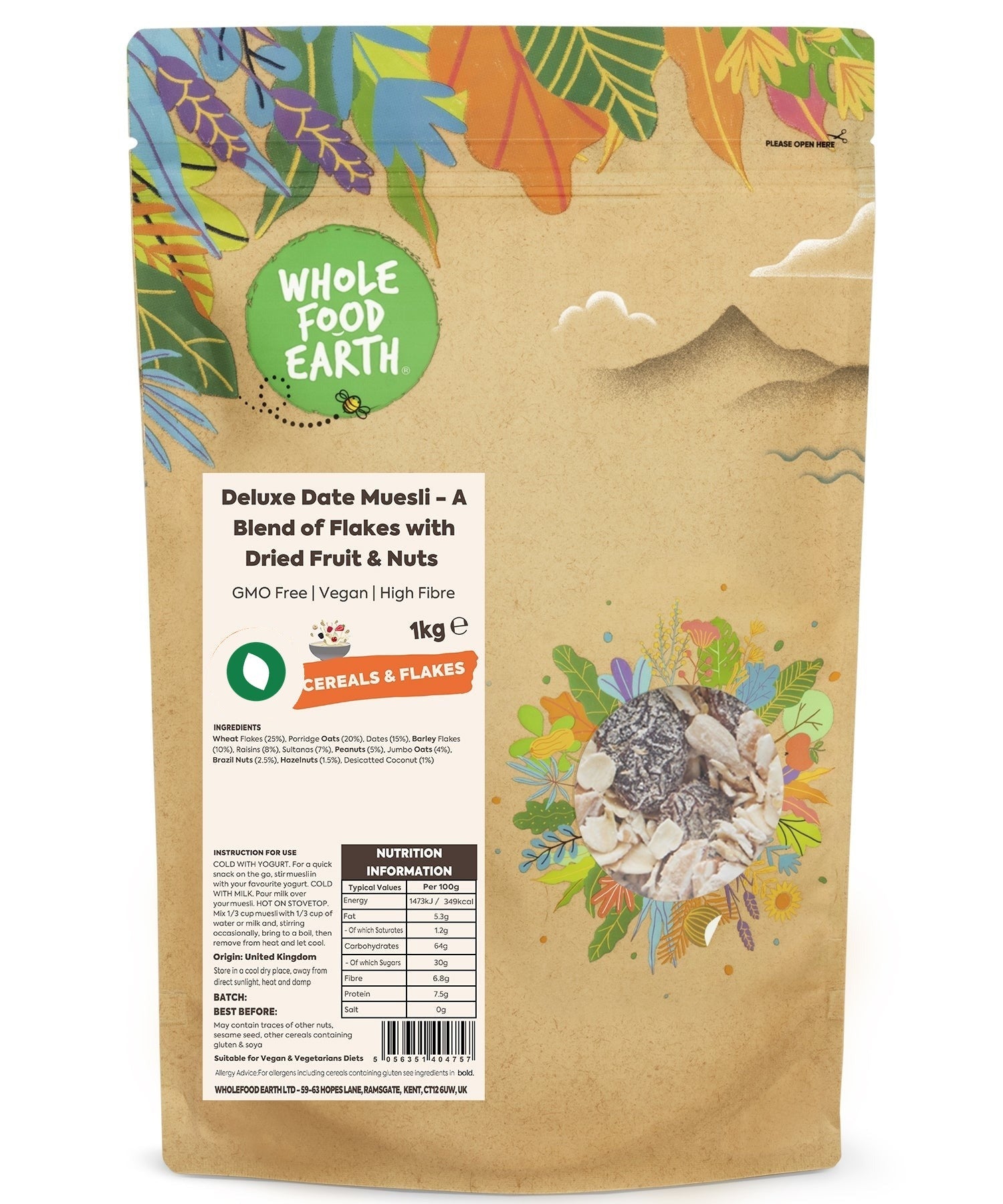 Whole Food Earth Deluxe Date Muesli cereal with flakes, dried fruit, and nuts in a natural, wholesome blend.