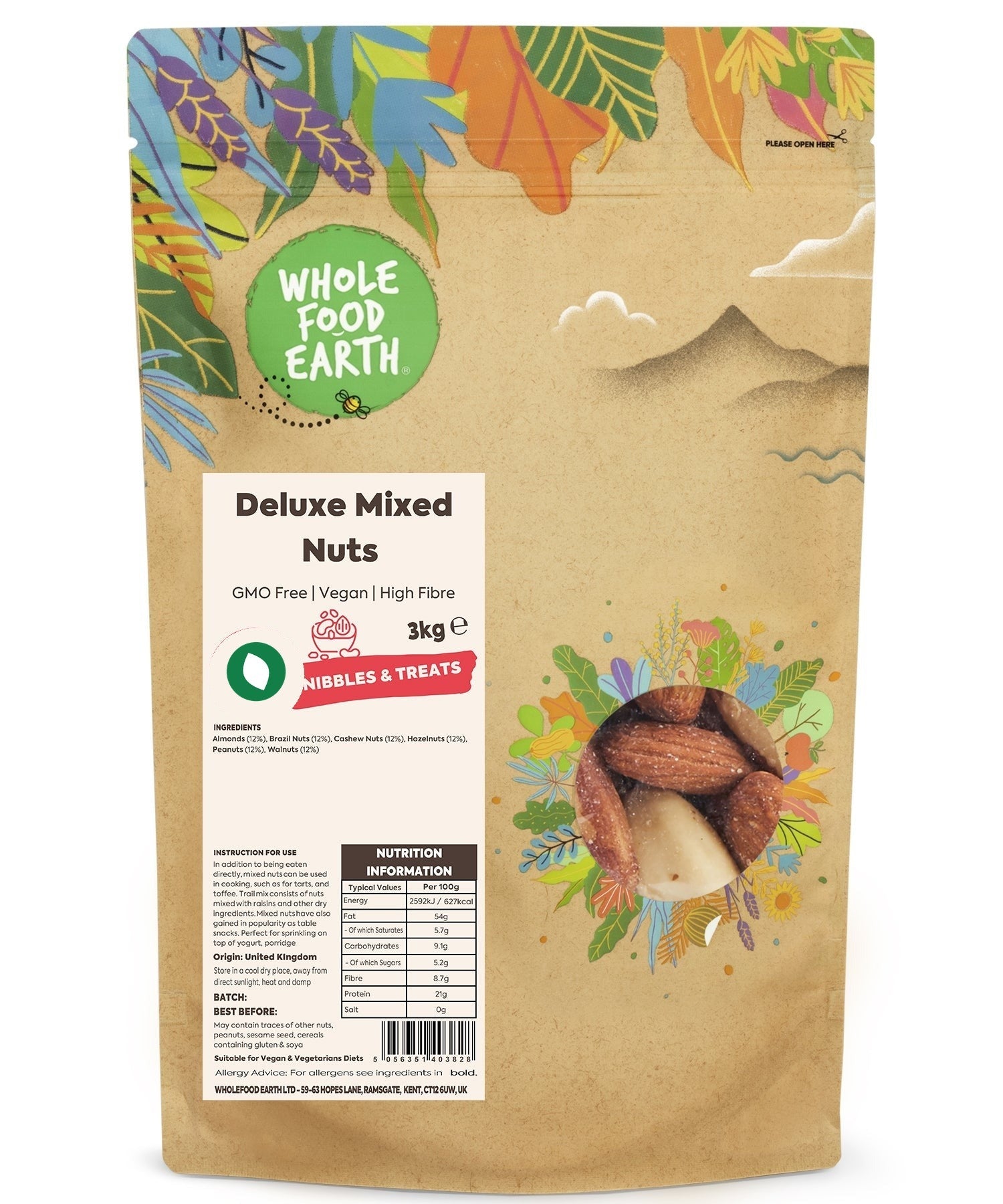 Mixed nuts in a bowl, featuring almonds, cashews, and walnuts from Whole Food Earth Deluxe Mixed Nuts, GMO-free and vegan.