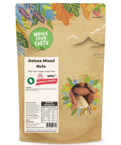Assorted Whole Food Earth Deluxe Mixed Nuts in a bowl, featuring a variety of GMO-free, vegan-friendly nuts on a neutral background.