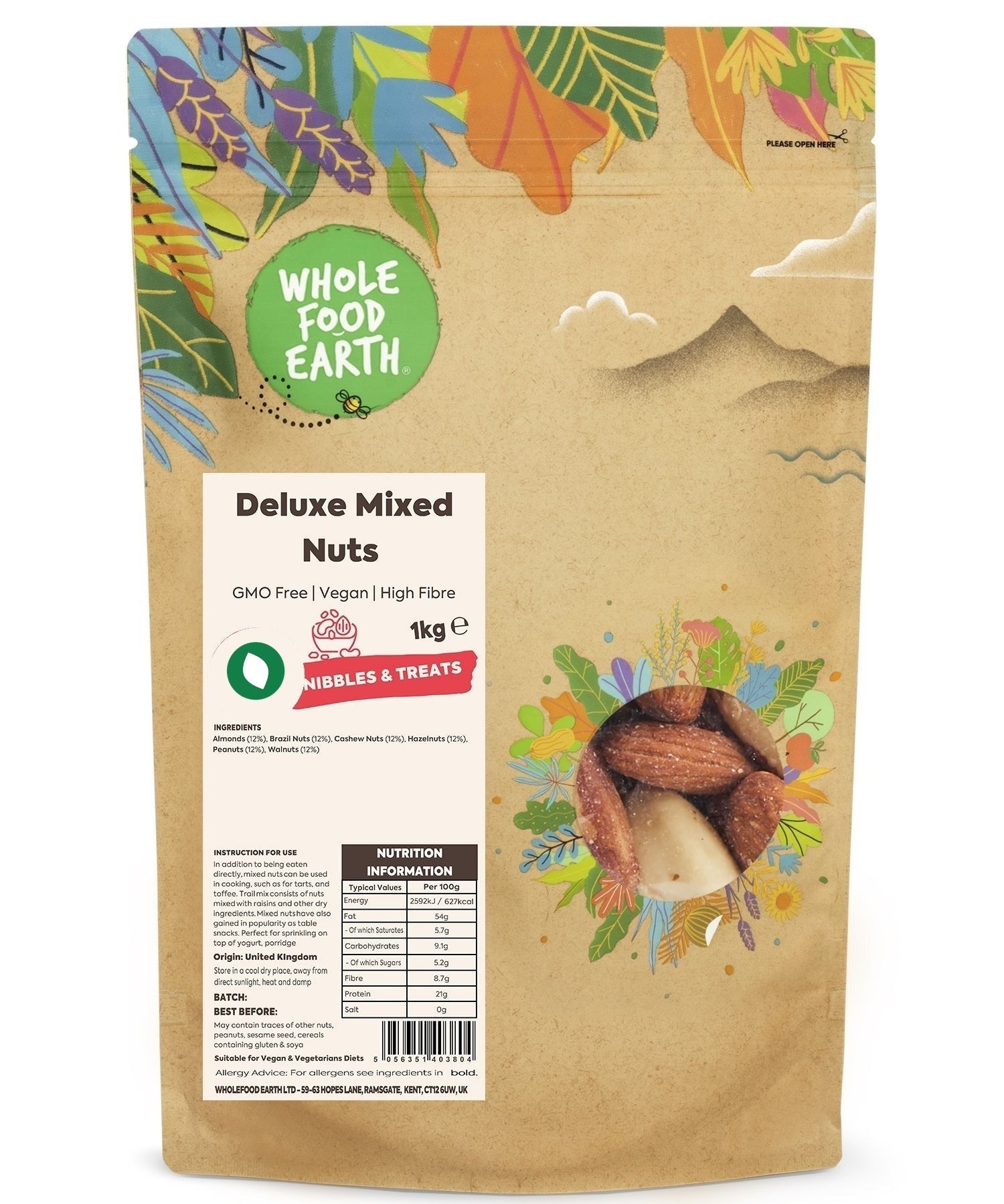 Mixed nuts from Whole Food Earth, GMO-free and vegan, featuring almonds, cashews, and walnuts in a specialty nut blend.