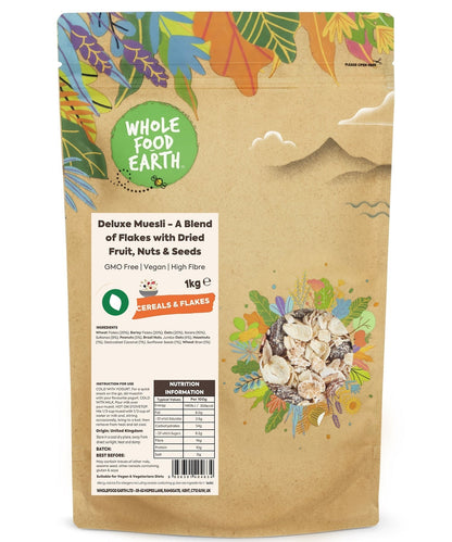 Whole Food Earth Deluxe Muesli cereal with flakes, dried fruit, nuts, and seeds in a bowl on a wooden surface