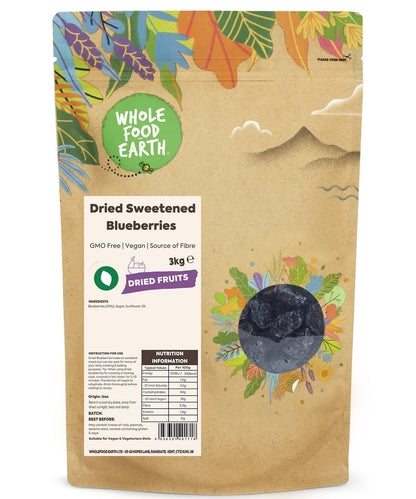 Dried sweetened blueberries from Whole Food Earth, GMO-free vegan dried fruits, shown in a close-up image.