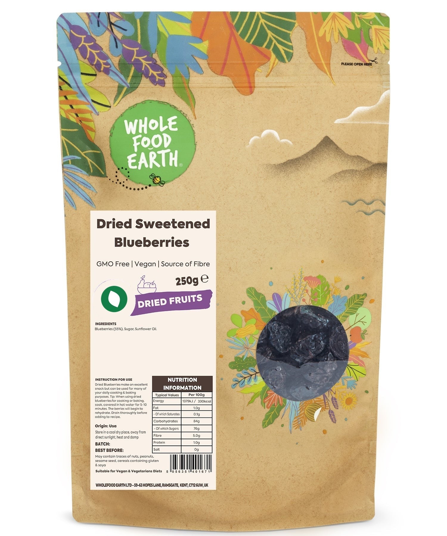Dried sweetened blueberries from Whole Food Earth, GMO-free vegan dried fruit with vibrant blue color and natural texture.
