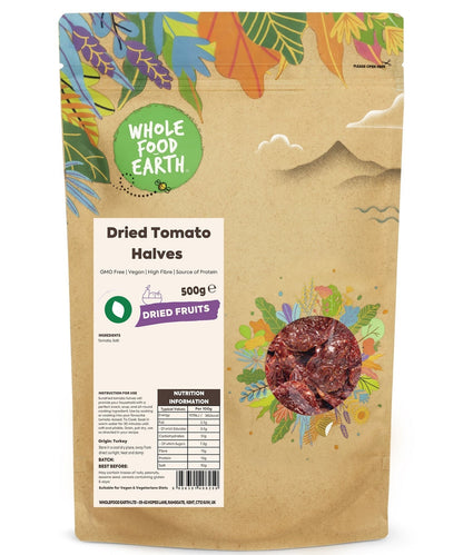 Whole Food Earth sun-dried tomato halves, GMO-free dried fruit with rich red color and natural texture.