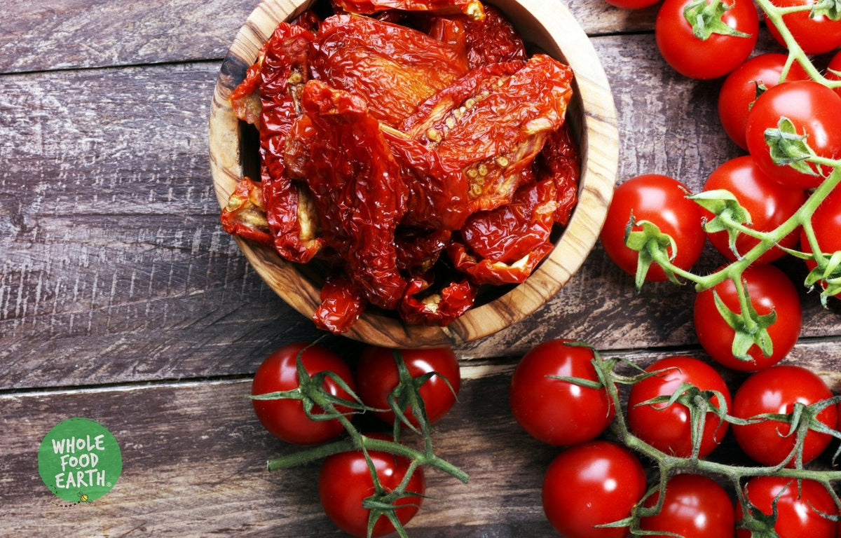 Whole Food Earth sun dried tomato halves, GMO-free dried fruit, natural vegan snack with no added sugar, dairy-free, flavorful and chewy.