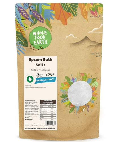 Unrefined Whole Food Earth Epsom Bath Salts in a clear jar, showcasing coarse mineral crystals for relaxing mineral baths.