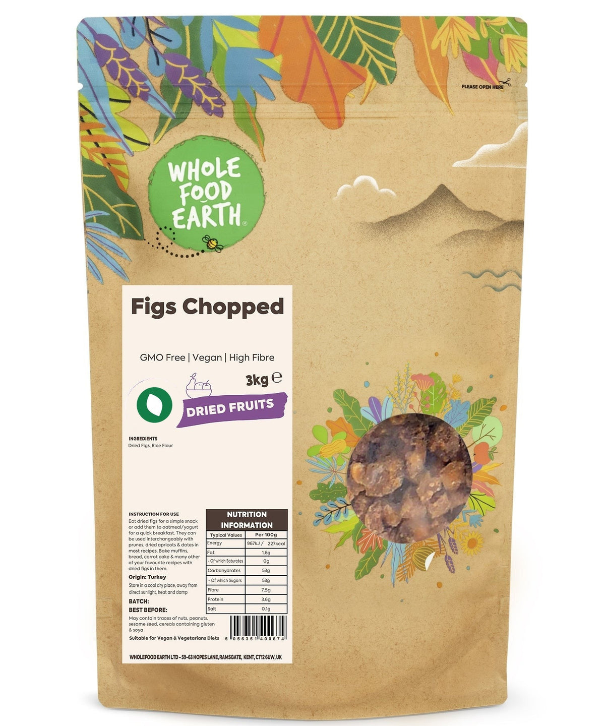 Chopped dried figs from Whole Food Earth, GMO-free and vegan-friendly, shown in a close-up image.