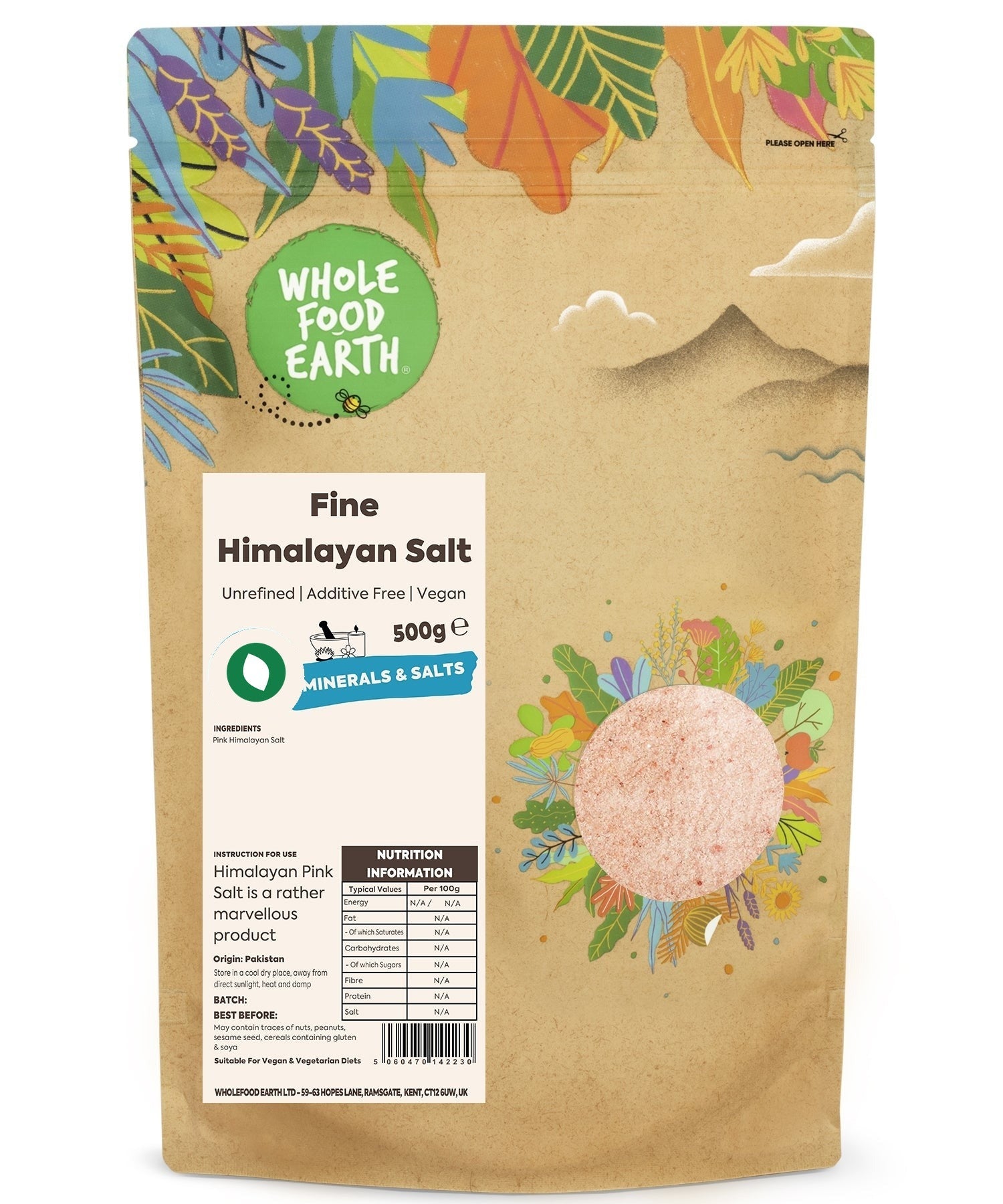 Fine Himalayan Salt from Whole Food Earth, unrefined mineral salt crystals with pinkish hue, natural mineral-rich salt for culinary use