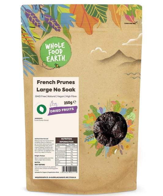 Large French Prunes from Whole Food Earth, dried fruit, no soak, GMO-free, natural and plump dried prunes on a white background.