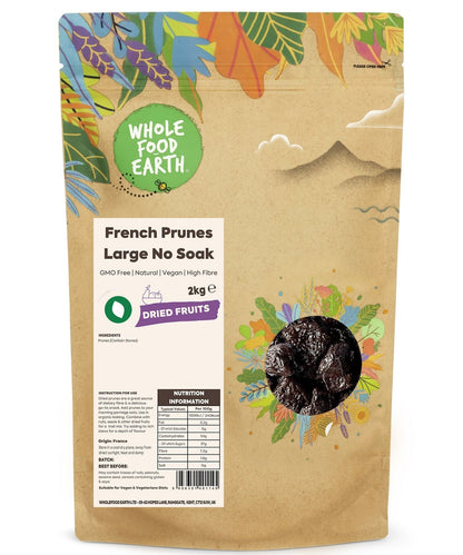 Large French Prunes from Whole Food Earth, dried fruit, non-GMO, no soak, showcasing plump, dark prunes in a natural setting.