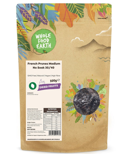 Medium French prunes from Whole Food Earth, no soak dried fruit, 30/40 size, shown in a close-up image.