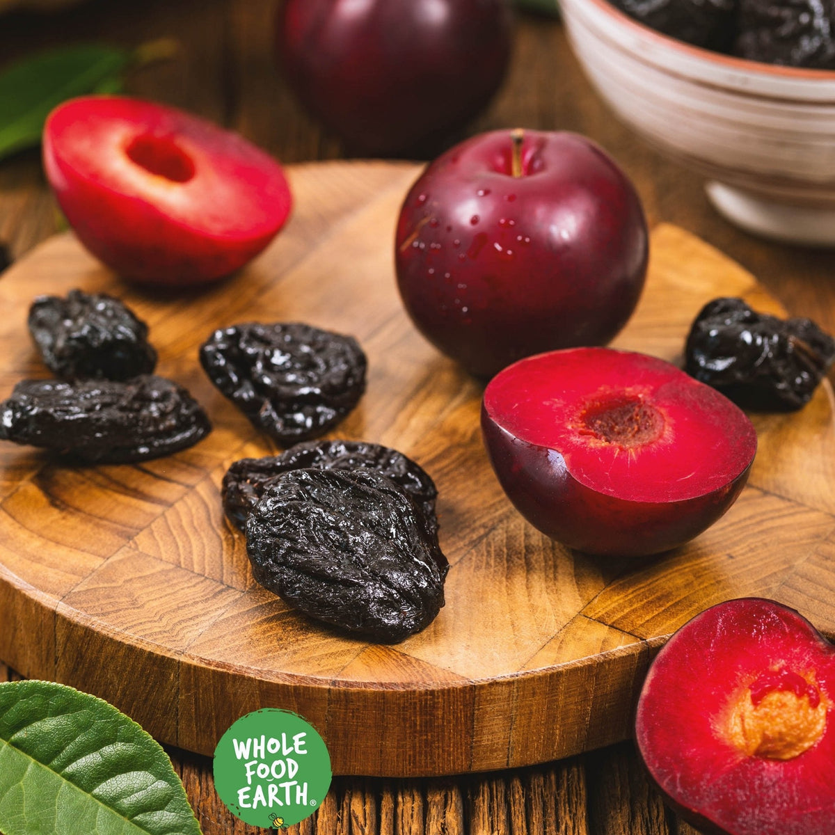 French Prunes Medium Unsorbated, GMO-free dried fruits from Whole Food Earth, showcasing plump, dark, natural prunes.