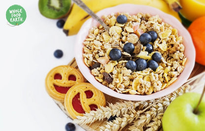 Whole Food Earth Fruit Crunch Muesli cereal with flakes, dried fruit, and nuts in a natural, GMO-free, vegan, dairy-free blend.
