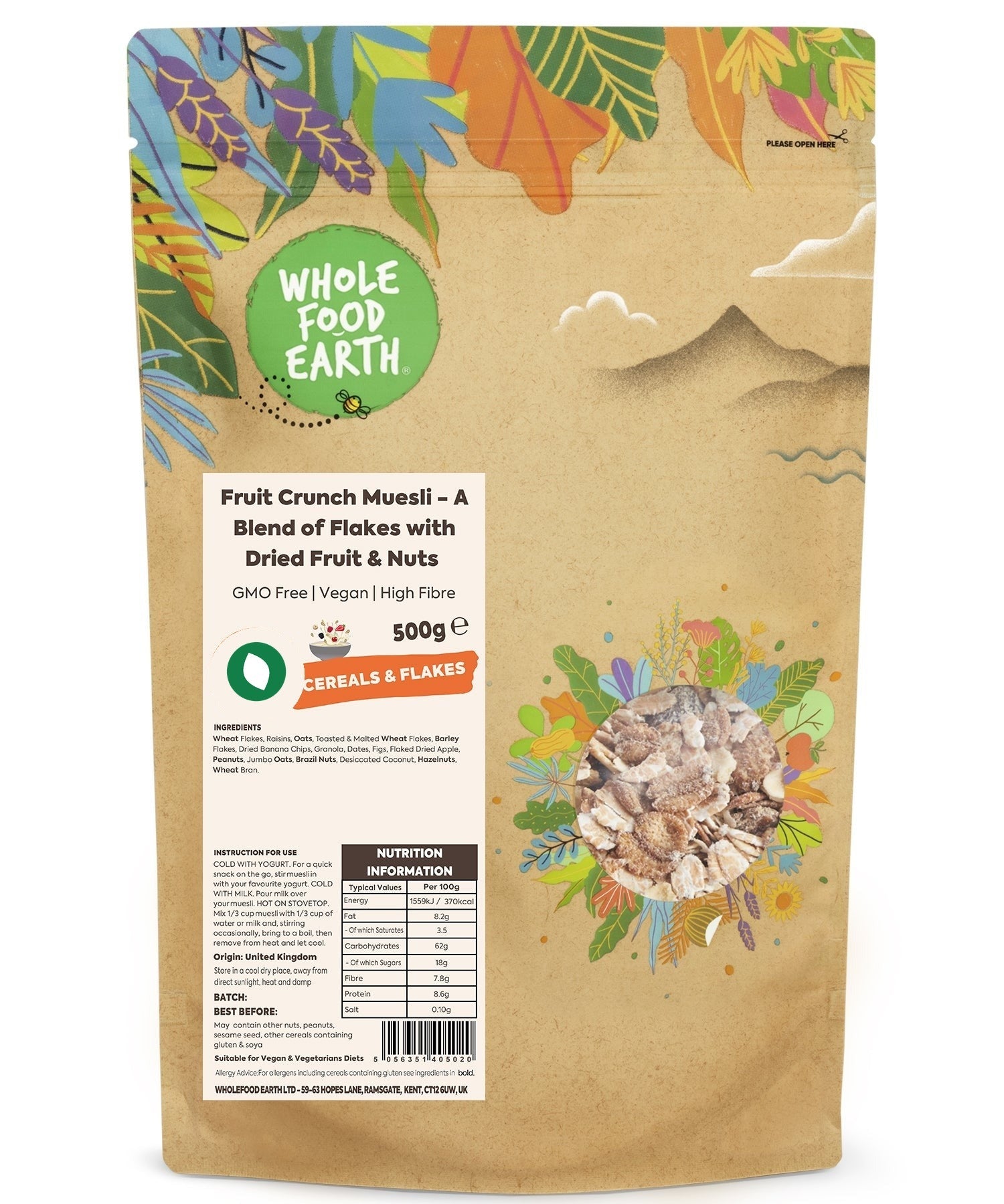 Whole Food Earth Fruit Crunch Muesli cereal with flakes, dried fruit, and nuts in a bowl, vegan and GMO-free.