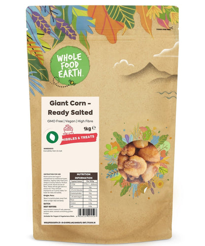 GMO-free giant ready salted corn snack by Whole Food Earth, showing a close-up of the salted corn kernels.