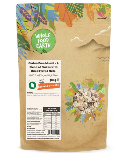 Organic gluten-free muesli by Whole Food Earth with flakes, dried fruit, and nuts for a healthy cereal option.
