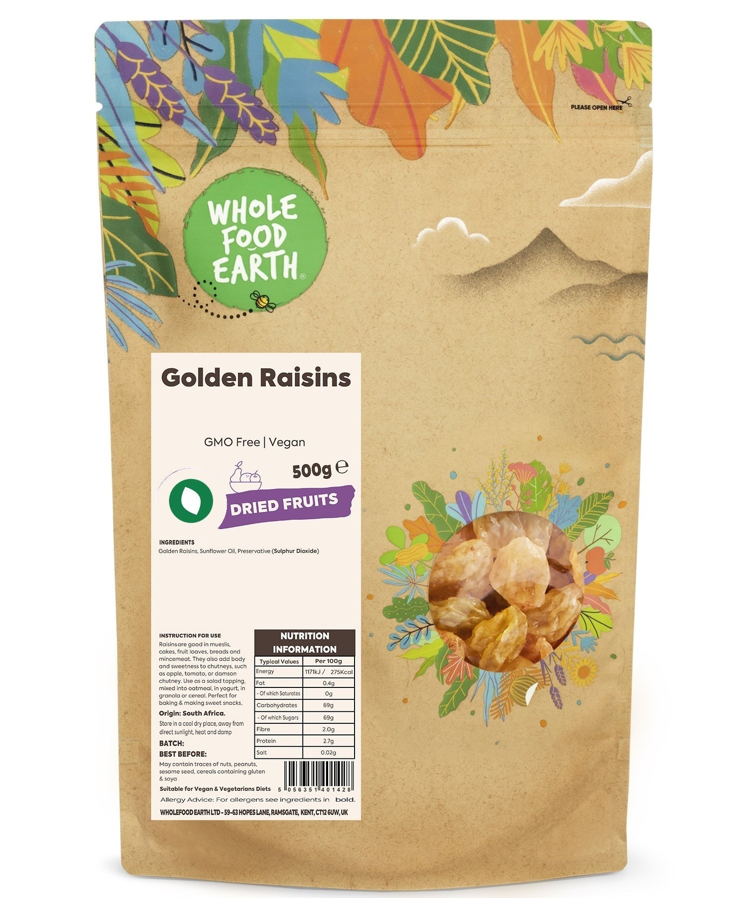 Golden raisins from Whole Food Earth, dried fruit with natural sweetness, GMO-free and vegan-friendly.
