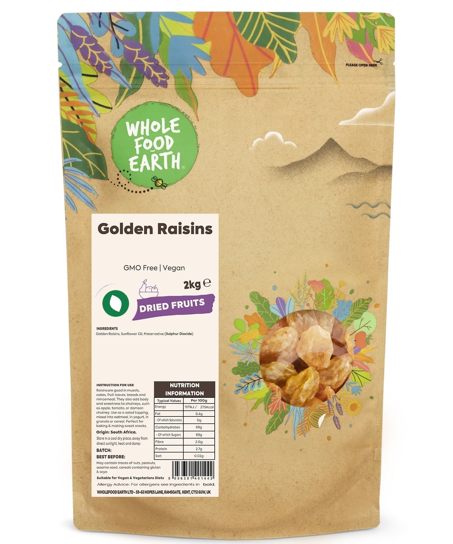 Golden raisins from Whole Food Earth, GMO-free dried fruits with plump, golden appearance, perfect for snacking or baking.
