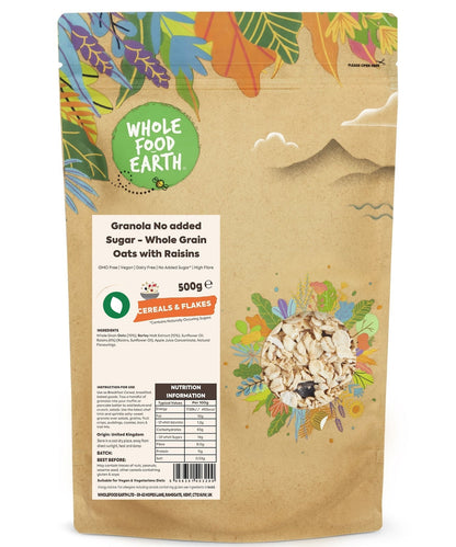 Whole Food Earth granola with no added sugar, GMO-free cereal in a bowl with nuts and dried fruits.