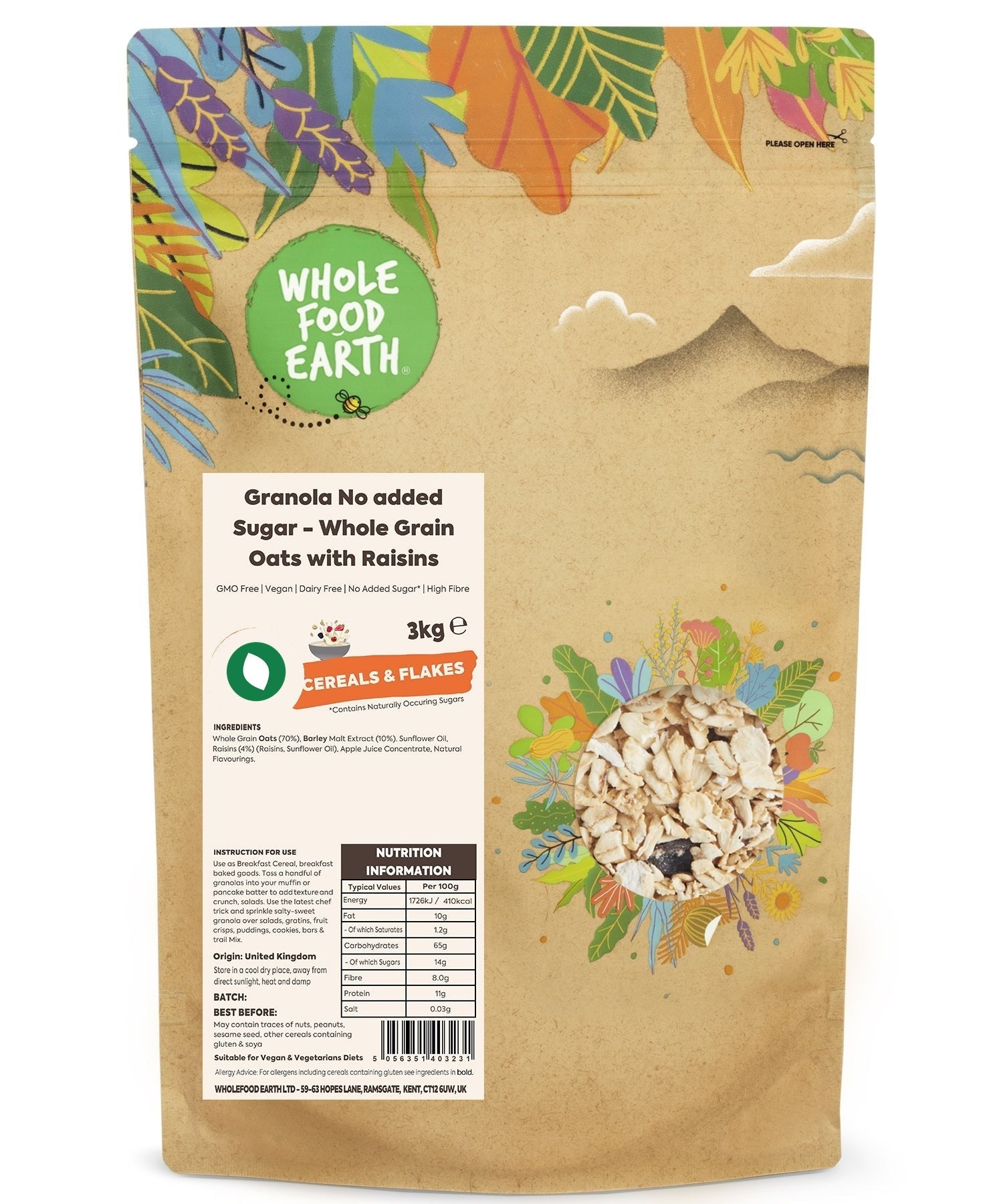 Whole Food Earth no added sugar granola cereal in a bowl with nuts and dried fruit, GMO-free and healthy breakfast option.