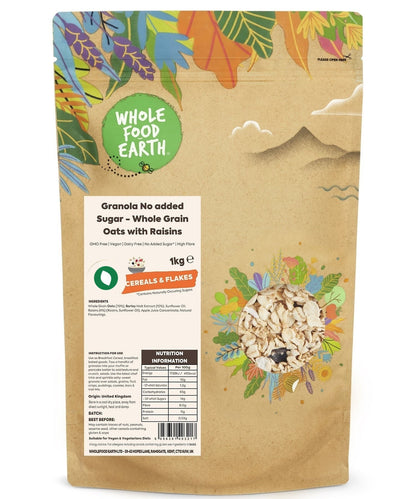 Whole Food Earth no added sugar granola cereal in a bowl, GMO-free, healthy breakfast option with oats and nuts