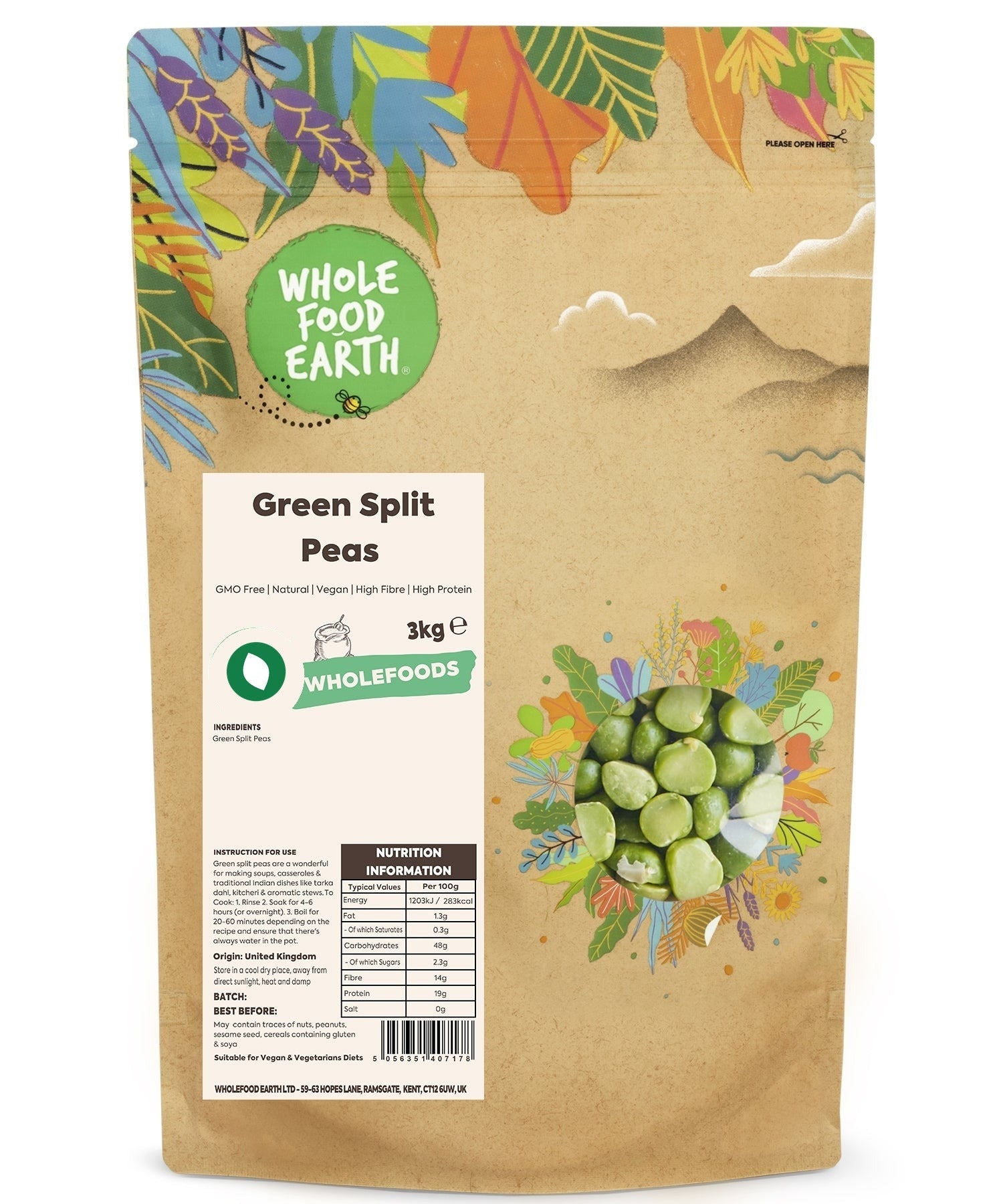 Green Whole Food Earth split peas, GMO-free beans and pulses, shown in a close-up image of fresh green split peas.