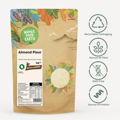 Ground almond flour from Whole Food Earth, made from GMO-free, vegan almonds, ideal for baking and gluten-free recipes.