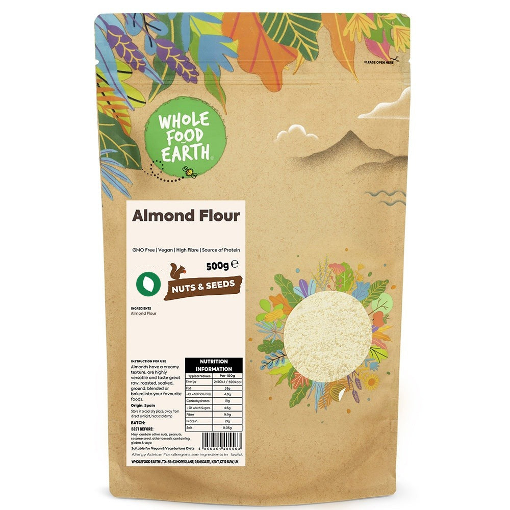 Ground almond flour from Whole Food Earth, gluten-free, vegan-friendly nut and seed product with whole almonds.