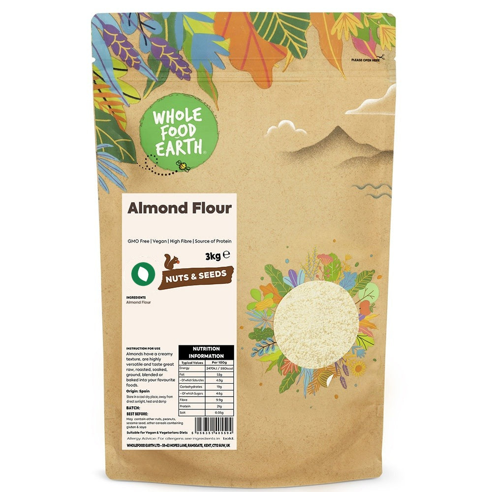 Ground almond flour from Whole Food Earth, made from GMO-free, vegan almonds, suitable for baking and gluten-free recipes.