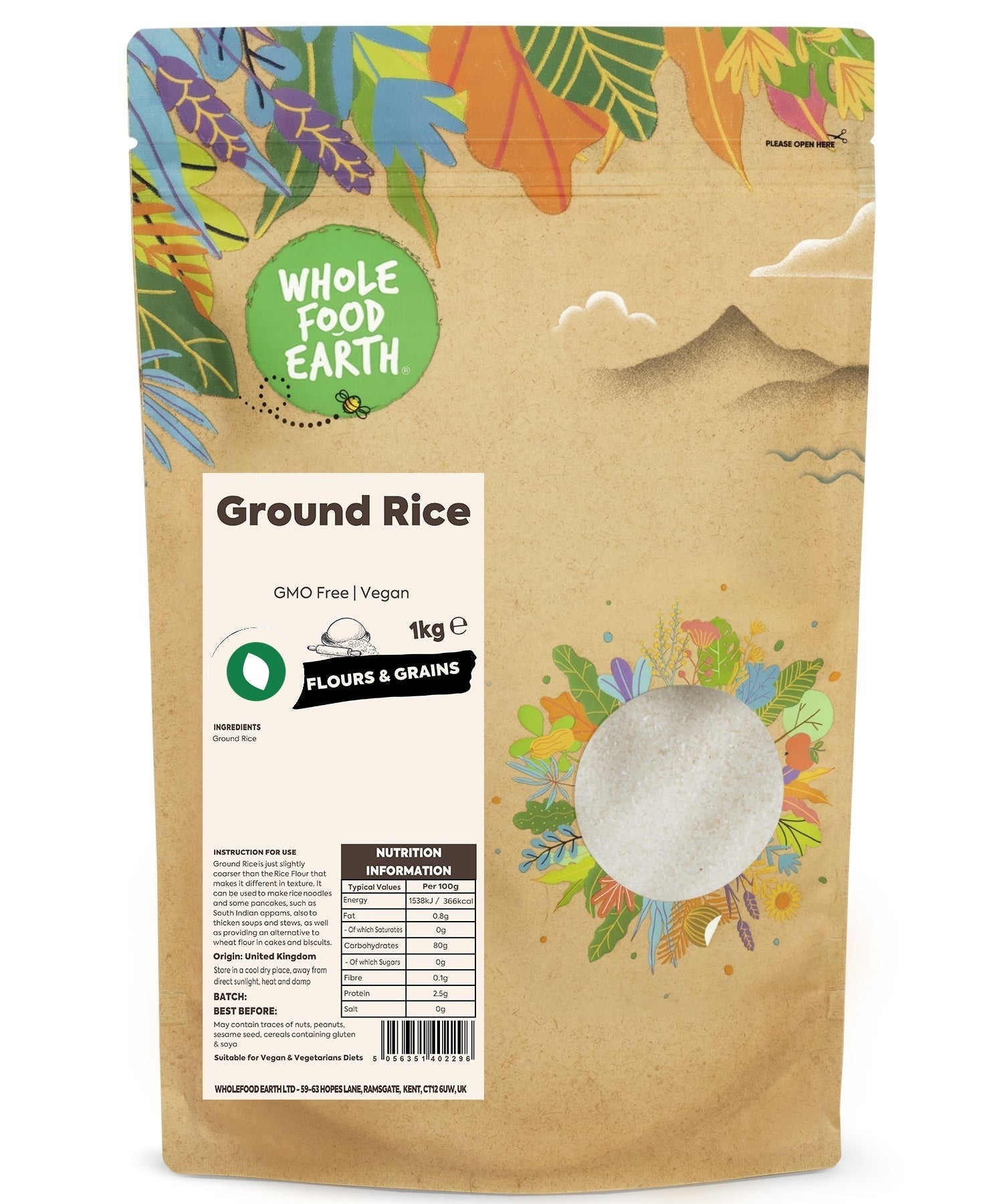 Whole Food Earth ground rice flour in a clear bowl, showing fine, light-colored rice flour, GMO-free and vegan certified.