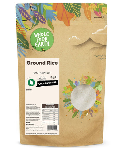 Whole Food Earth ground rice flour in a clear bowl, showing fine, light-colored rice flour, GMO-free and vegan certified.