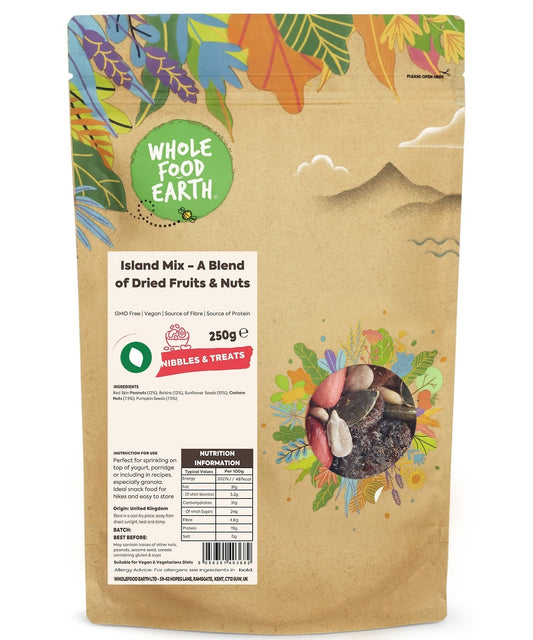 Whole Food Earth Island Mix with fruits and nuts, GMO-free, vegan, dairy-free, no added sugar, in a bowl.