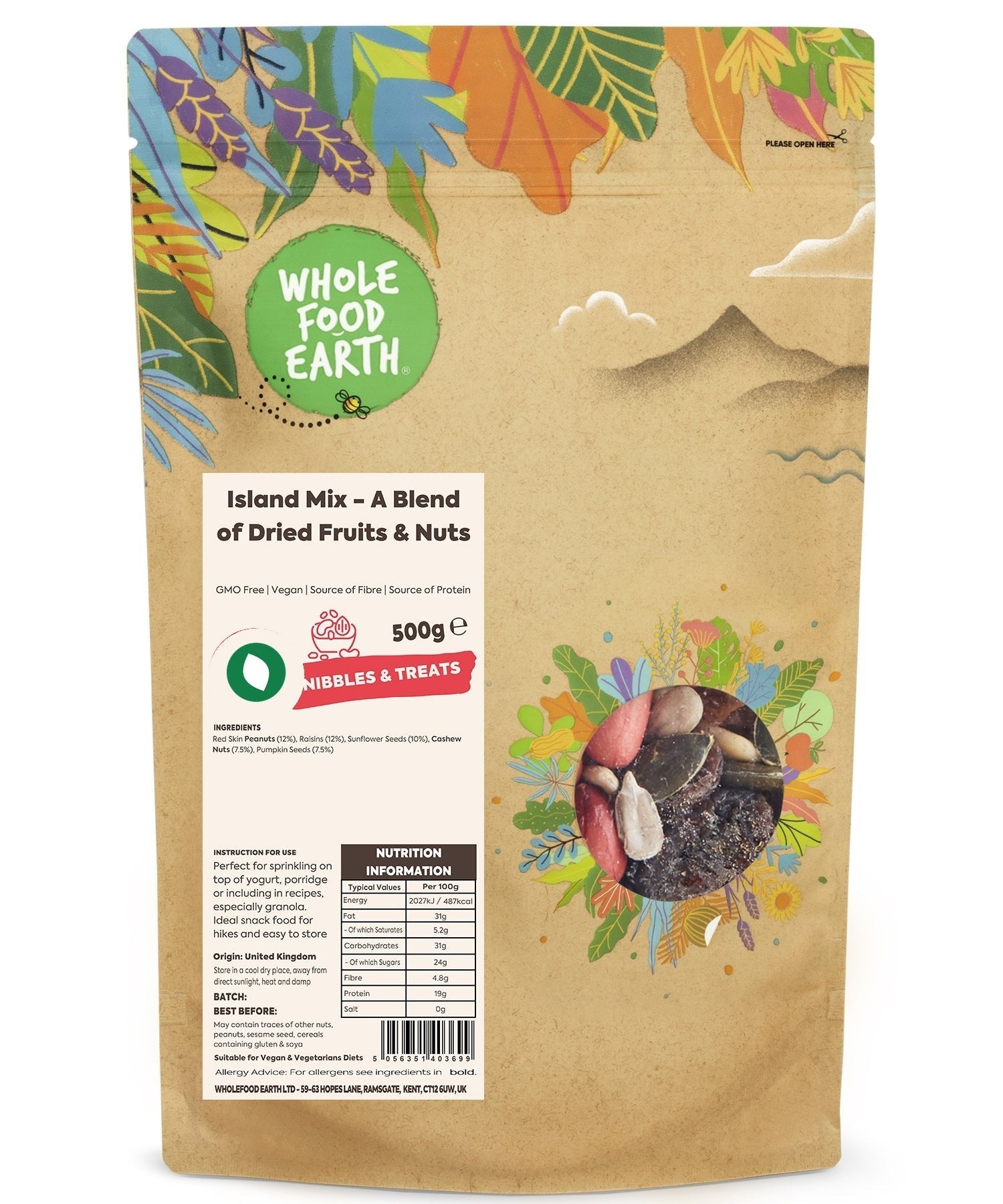 Assorted fruits and nuts in a bowl, Whole Food Earth Island Mix, GMO-free, vegan, dairy-free, no added sugar.