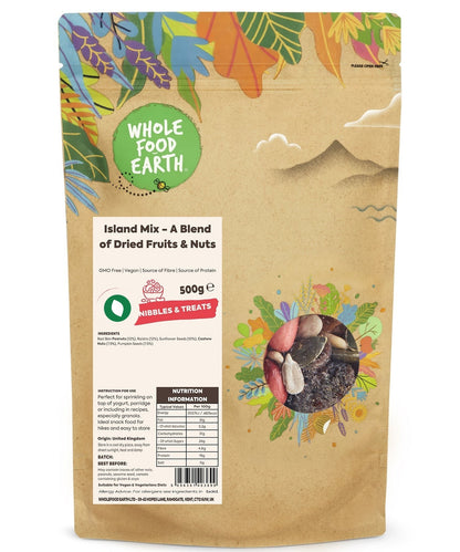 Assorted fruits and nuts in a bowl, Whole Food Earth Island Mix, GMO-free, vegan, dairy-free, no added sugar.