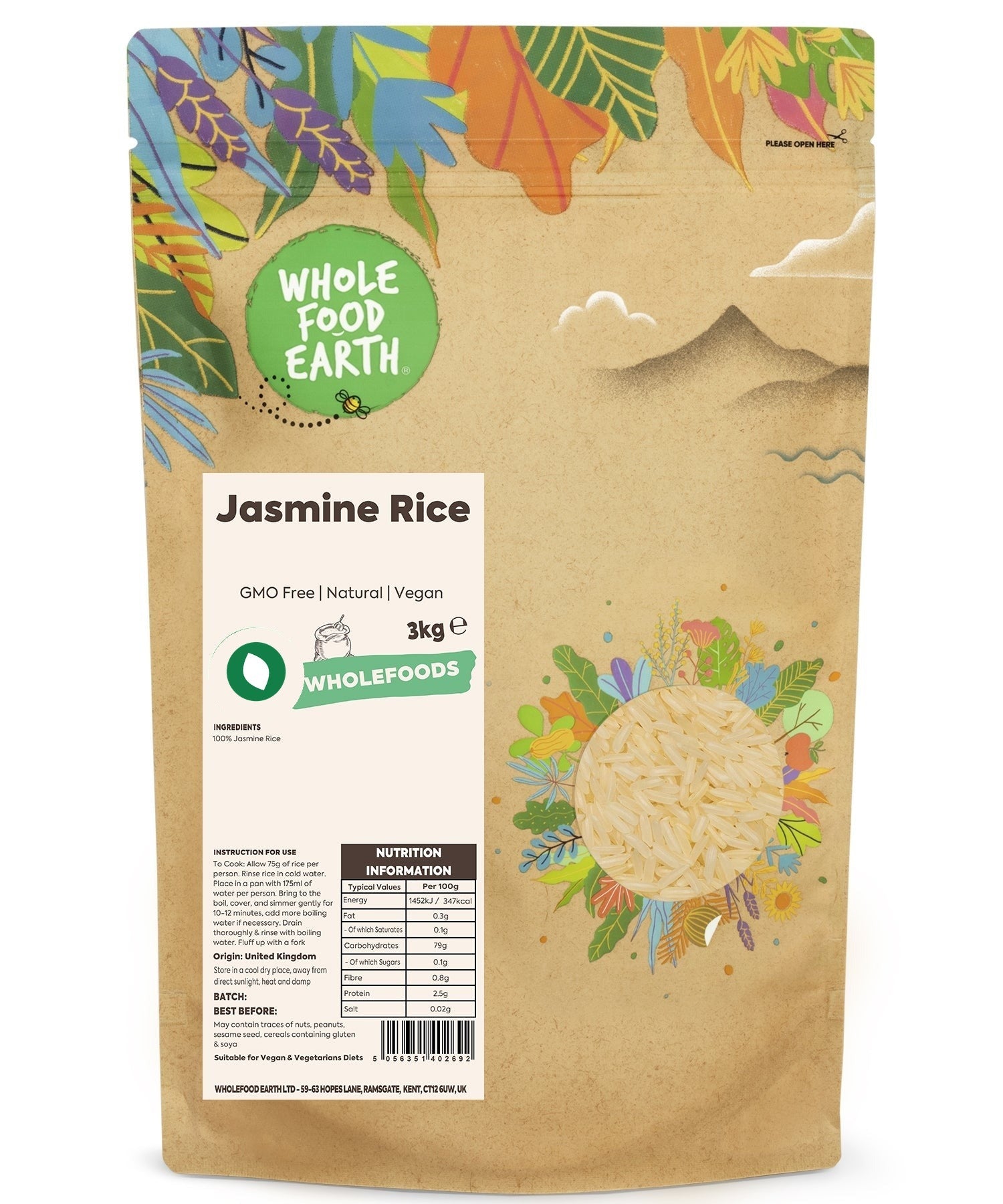 Whole Food Earth jasmine rice, GMO-free, natural rice and couscous product, showcasing a bag of jasmine rice with grains visible.