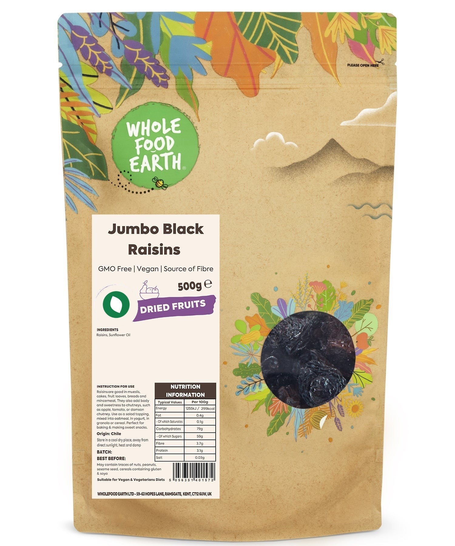Jumbo black raisins from Whole Food Earth, GMO-free dried fruits with plump, dark, chewy raisins on a white background.