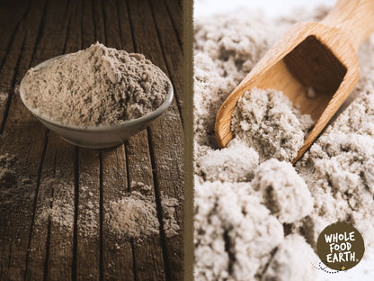Fine black salt from Whole Food Earth, unrefined Kala Namak, shown as a fine, pinkish-black crystalline salt in its natural form.