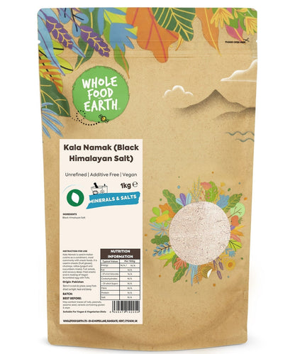 Unrefined Kala Namak black salt in a jar, highlighting its fine, dark mineral-rich crystals from Whole Food Earth.