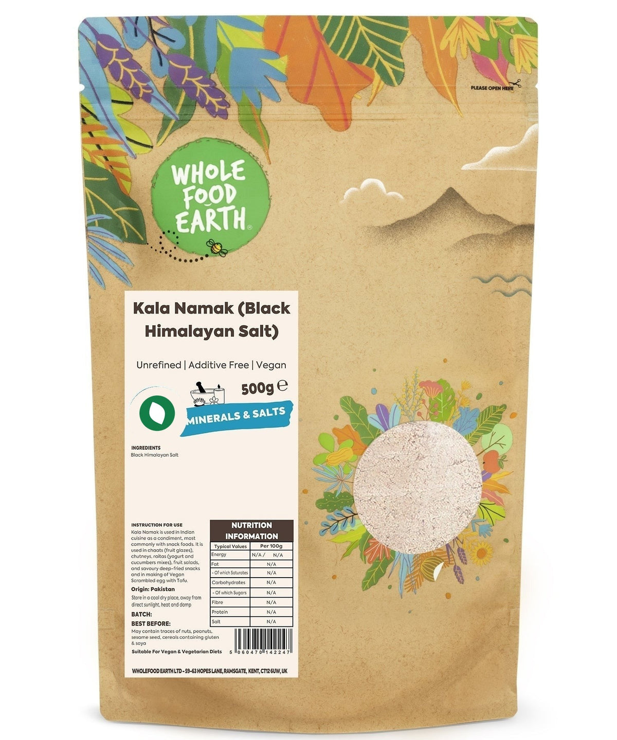 Fine black salt from Whole Food Earth, unrefined Kala Namak specialty salt with additive-free dark mineral-rich crystals.