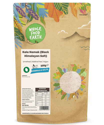 Fine black salt from Whole Food Earth, unrefined Kala Namak specialty salt with additive-free dark mineral-rich crystals.