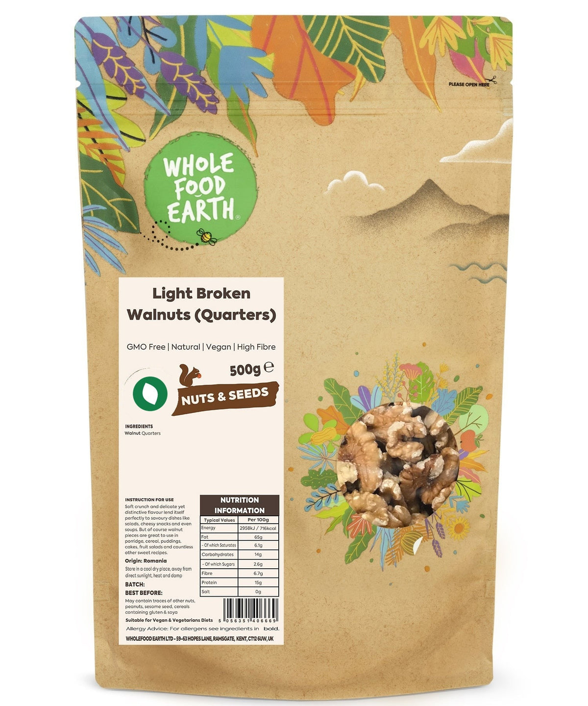Light broken walnuts in quarters from Whole Food Earth, showing nut pieces and natural texture in a clear image.