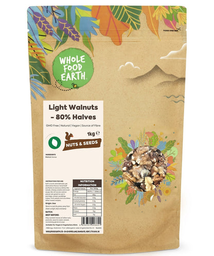 Light walnuts, 80% halves, GMO-free, from Whole Food Earth, shown in a close-up of shelled walnut pieces.