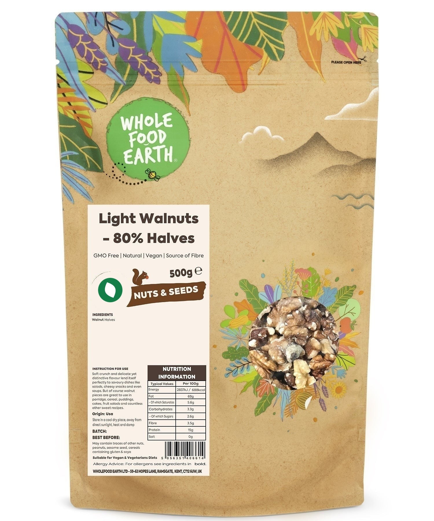 Light walnuts in 80% halves from Whole Food Earth, GMO-free nuts and seeds, showing a bowl of raw, shelled walnuts.