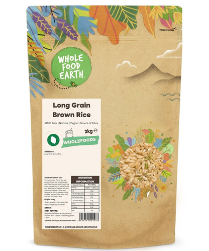 Long grain brown rice from Whole Food Earth, GMO-free rice and couscous product, featuring uncooked, natural whole grains.