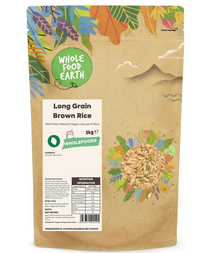Whole Food Earth long grain brown rice in a clear bag, showing light brown rice grains, GMO-free, for healthy cooking and meal prep.