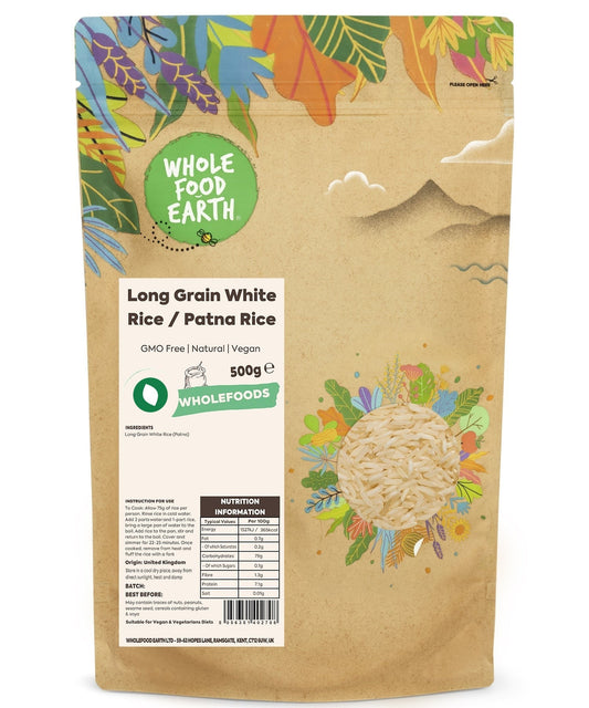 Whole Food Earth long grain white rice, Patna rice variety, showing clean, uncooked rice grains in a close-up view.