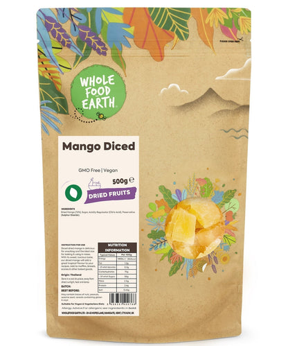 Dried mango chunks from Whole Food Earth, GMO-free and vegan-friendly dried fruit with vibrant orange color and textured surface.
