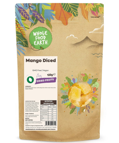 Dried mango dices from Whole Food Earth, GMO-free and vegan, shown in a close-up image with vibrant orange color.